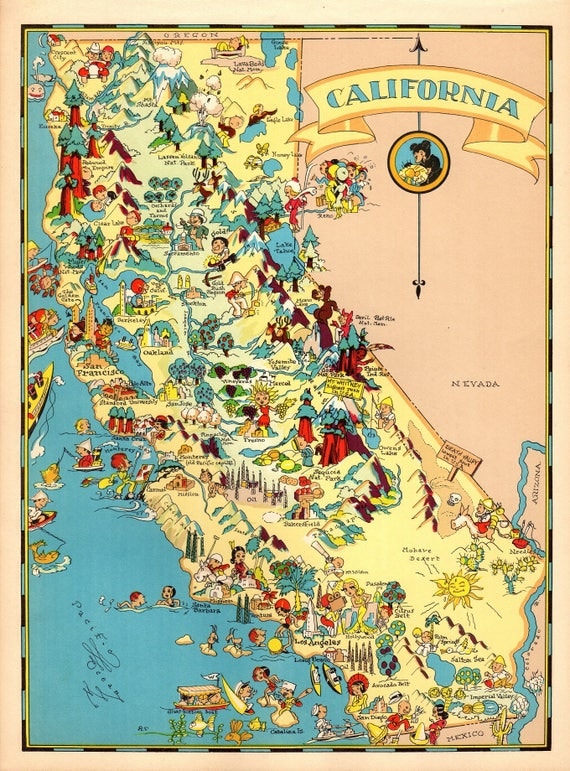 1930's Vintage California Picture Map State Cartoon Map