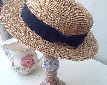 Vintage hat, natural straw hat, straw boater, straw hat, garden party, tea party, theatre prop, made in England, black grosgrain ribbon