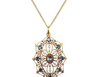 Antique 14k Yellow Gold Aquamarine and Seed Pearl Pendant
