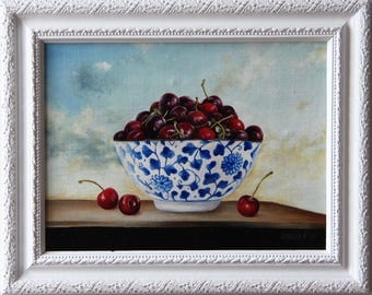 Still life with Cherries, Original oil painting framed, Cherries oil painting, Cherries art, Boba painting