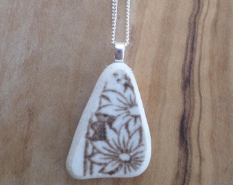 Dainty Flower Beach Pottery Necklace Pendant, Northumberland, Sea Pottery, Beach Jewelry, Pottery Shard, Sterling Silver, English Pottery