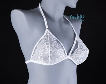 Bridal lace bralette | See through triangle bralette | White Lace Bra | White lace bralette | Strappy Bralette | Adjustable lace bra top