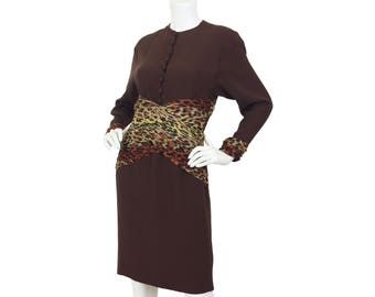Jean-Louis Scherrer 1980s Vintage Silk Chiffon Leopard Print & Brown Crepe Dress Sz S
