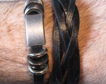 Mens Tribal Black Genuine Leather Wrap Bracelet FITS SIZES 6.75-7.25 Men Braided Rock Punk Surfer Zen Boho Cuff Bracelet Jewelry Jewellery