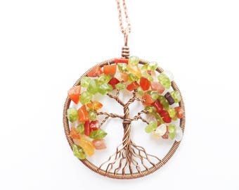 Tree-Of-Life Necklace Pendant, Copper Pendant, Wire Tree of life, Wire Wrapped Pendant, Peridot Pendant, Carnelian Pendant, Family Tree