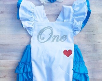 Alice in Wonderland Romper / Blue Apron Romper / Onederland Romper / First Birthday Outfit Baby Girl / Tea Party