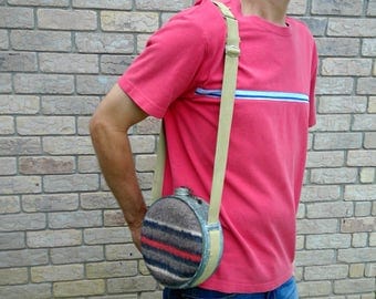 Vintage Galvanized Metal and Wool Canteen with Shoulder Strap