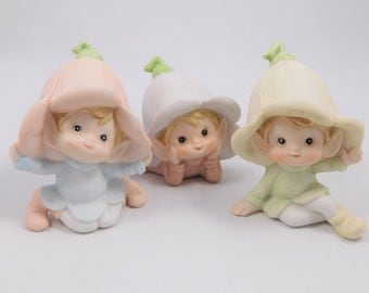 Three Pixie Figurine Set, Homco, Lily Hat, Laying, Bisque, Flower Fairy