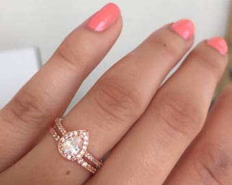 ONSALE Rose gold rings -Vintage look weddingset -Deco rings-Diamond CZ rings- Sterlng silver Halo Engagement Ring-CZ Teardrop ring