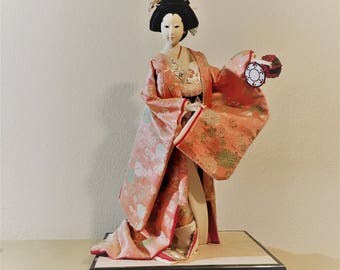 Vintage Gofun Traditional Japanese Geisha Doll, Circa 1950-60s, Salmon and Gold Silk Kimono