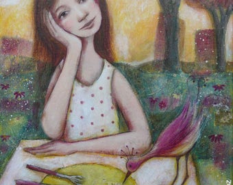 "Perfect day" painting 50 x 70 cm young woman terrace bird exotic Sun