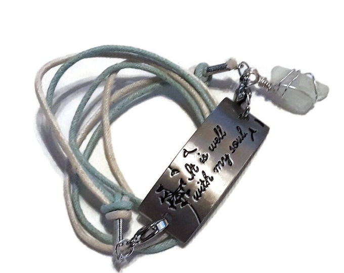 Strappy bracelet - It is Well with My Soul - Medallion - White beach glass charm with Aqua and Cream Cords and lobster claw closures