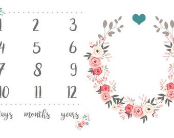 Pink and Gray Floral Wreath Milestone photo mat, monthly Baby Blanket, Monthly Blanket, Monthly Photo Blanket, Baby Girl Gift, Baby age