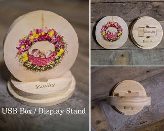 Customised Personalised Round USB box / display stand wooden wood 4gb 8gb 16gb 32gb 64gb newborn wedding photography photo