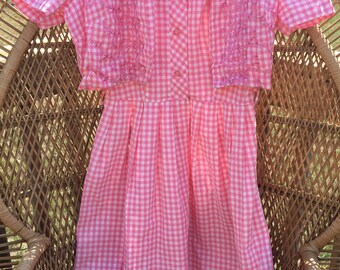 50's Vintage Pink And White Gingham Sleeveless Summer Dress w/ Short Sleeve Jacket