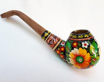 Smoking pipe, Handpainted pipe, Tobacco pipe, Original wooden pipe, Carved pipe, Wooden pipe, Yellow pipe, Peace-pipe, Sunflower pipe