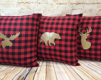 18 Inch Red Buffalo Plaid Woodland Pillows with Gold Glitter HTV Choice of Bear Moose Deer