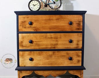 SOLD: Rustic, Primitive, Modern Farmhouse 3-Drawer Chest of Drawers in Midnight Blue and Natural Wood Patina