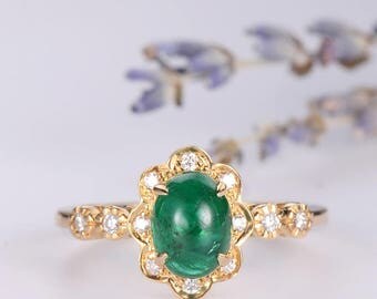 Antique Engagement Ring Art Deco Emerald Ring Oval Cut Diamond Flower Floral Birthstone Wedding Bridal Ring Unique Retro Eternity Gold Ring