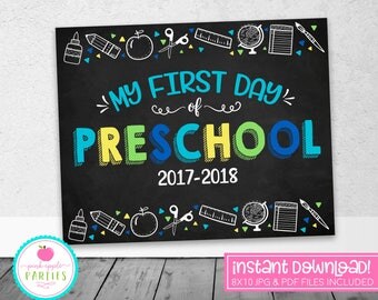 First Day of Preschool Chalkboard Sign - First Day Sign - Blue, Green, Yellow, Turquoise - 8x10 Instant Download Printable Sign