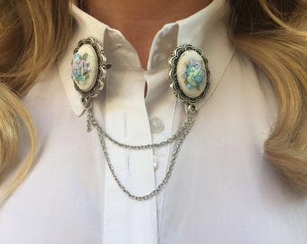 Collar Brooch, Collar Clip , Double Brooch, Collar Chain, Collar Pin , Sweater Clip, Flower Collar Brooch, Embroidery Brooch, Flower Jewelry