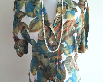 Vintage green blue floral light summer jacket/blouse UK S 10