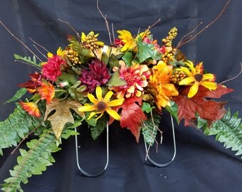 Silk Cemetery Saddle, Fall flowers, Sunflowers, Mums, Fern, Berries, Memorial Arrangement for Grave