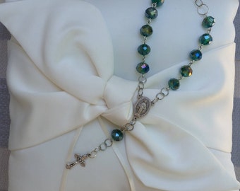 Dark green crystal one decade car rosary with Miraculous Medal center