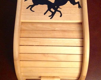 Small wooden bread box with running greyhounds