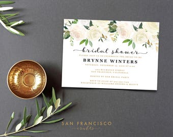 Bridal Shower Invitation Instant Download |  Editable Bridal Shower Invite Template | white, gold, roses, floral | BRYNNE Collection | PDF