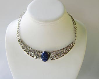 Sterling Silver Filigree and Lapis Stone Festoon Necklace 1826E
