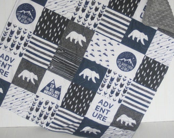 bear baby quilt- baby boy quilt -minky baby quilt- navy baby quilt- woodland baby bedding- baby boy bedding- arrow baby quilt