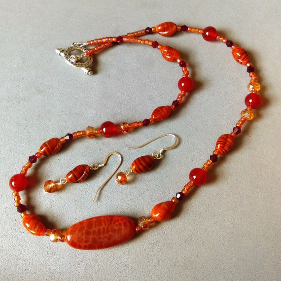 Orange Fire agate necklace and earring set with red agate