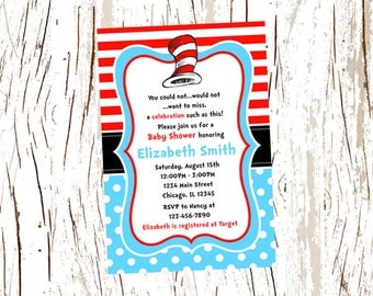 Dr. Seuss Baby Shower Invitation, Dr Seuss, Blue Polka Dots, Red White Sripes, Personalized, Printable and Printed