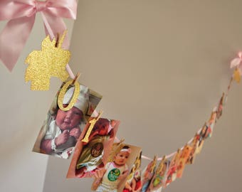 Unicorn First Birthday. 12 Month Photo Banner Girl. Handcrafted in 3-5 Business Days. Pink and Gold First Birthday.