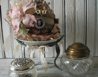 French Decor Marie Antoinette Paper Mache Egg Covered in Pink & Black Toile Paper Brass Stand Vintage China Dish Burlap Silk Ribbon Lace
