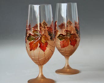 Beer Glasses, Beer Wedding Glasses, Autumn Wedding, Maple Glasses, Harvest Wedding, Hand painted, set of 2