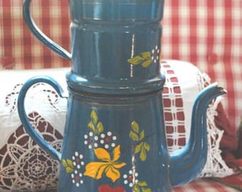Antique enamelware French Coffee pot Blue hand painted cherries