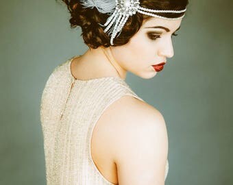 Flapper Headpiece, Vintage Inspired, Bridal Headband, The Great Gatsby, 1920s, 1930s, Party, Roaring 20's, Silver, Gray, Pearl, Feather 103