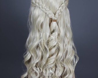 Daenerys Targaryen Wig / Long Curly White Blonde 2 Braids Lace Front Wig / Game of Thrones Costume Khaleesi Cosplay Halloween / Queen Series