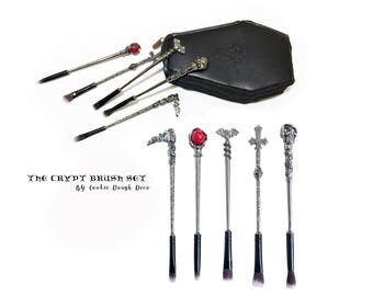 FREE SHIPPING - The Crypt Makeup Brush Set with Coffin Bag - Goth makeup brushes - Skull Bat Claw Scythe Cross