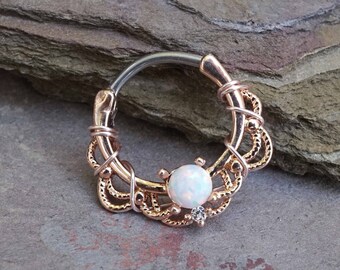 16 Gauge Rose Gold White Opal Daith Hoop Ring Daith Clicker Septum Hoop