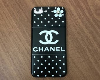 iPhone 7 Plus inspired Chanel Designer Case w/Matching Screen Protector Black & White Polka Dot Flower Embellishment