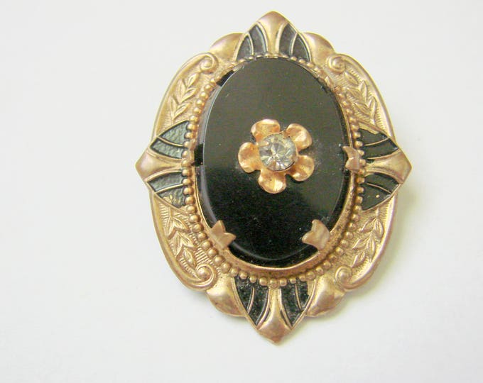 Ornate Early 20th Century Black Beveled Glass Enamel & Rhinestone Brooch / Victorian Revival / Antique / Goldtone / Vintage Jewelry