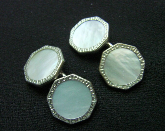 Art Deco Mother of Pearl Etched Silver Two Sided Cuff Links / Wedding / Groom / Groomsmen / Vintage Mens Suit Accessories