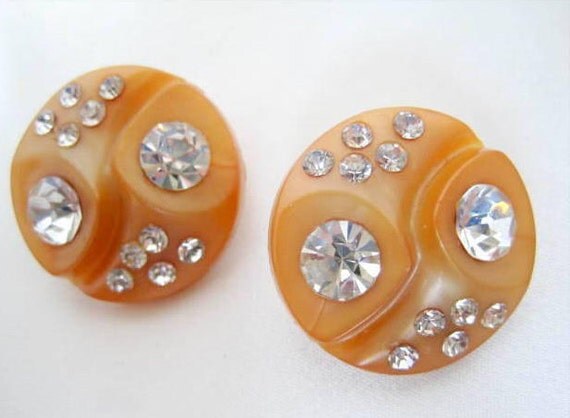 Celluloid Rhinestone Earrings - Light Tan - Glam Earrings - 60's Clip Ons