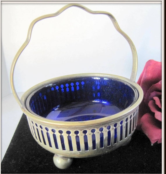 Antique Master Salt - Silverplate Cobalt Glass - Victorian British Footed - William Edwards Silversmith - 1800's Silverplate - Cobalt Glass