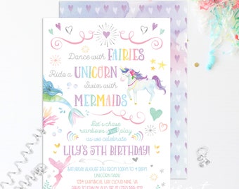 Unicorn Invitation - Mermaid Invitation - Fairy Invitation - Birthday Invitations