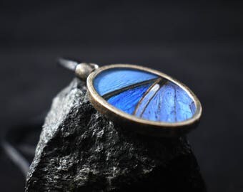 Butterfly Wing Pendant Sterling Silver Charm Blue Oval Necklace 925 Silver Light Blue Vintage Morpho
