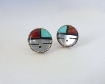 Vintage Native American Sterling Silver Zuni Sun Face Inlaid Stone Post Earrings
